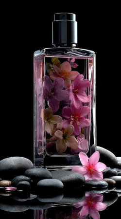 A perfume bottle featuring colorful flowers is presented against a stark black backdrop, creating a contrast. The composition highlights the glass bottle and its contents, resting on dark stones. This arrangement showcases a blend of natural elements suitable for various commercial purposes.の素材