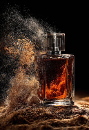 A perfume bottle stands out against a dark background, showcasing a rich, amber-colored liquid inside. A cloud of fine, brown particles surrounds the bottle, adding a dynamic texture. The composition suggests a luxurious feel and could be suitable for advertising fragrance or beauty products. The lighting highlights the product's shape.の素材