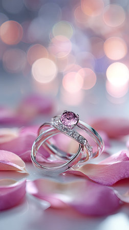 Exquisite rings with pink gemstones are the focal point, surrounded by soft rose petals and a blurred bokeh background. The image features a shallow depth of field, highlighting the intricate details of the jewelry. It's ideal for use in advertisements, romantic designs, or editorial content related to fashion.の素材