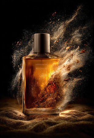 A perfume bottle stands prominently, enveloped by dynamic elements of golden dust in this image. The composition highlights the bottle's shape and details. Soft lighting accentuates the textures of the dust and the glass. Suitable for illustrating beauty, fragrance, or luxury concepts, providing a visually compelling element for various commercial applications.の素材