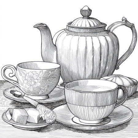 A detailed black and white illustration presents a teapot, two teacups with saucers, and butter with a knife. The composition showcases a classical style with detailed textures and precise linework. This image suggests a sense of peace and could be suitable for various editorial or commercial projects.の素材