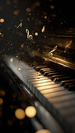 A detailed image showcases a grand piano with visible keys and musical notes. Golden light particles add a touch of glamour to the scene. The composition highlights the instrument, suggesting a musical theme, and implies potential use in various artistic or commercial applications.の素材