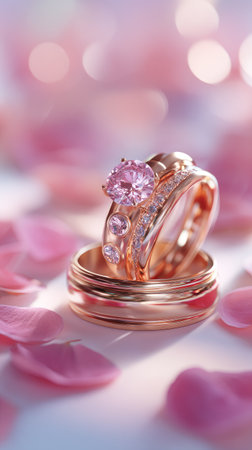 Two rose gold rings rest amid delicate pink petals in a soft-focused, macro composition. The rings, one adorned with a central pink gemstone, exhibit a warm, luxurious aesthetic. The lighting creates a gentle, romantic ambiance. Ideal for visual storytelling related to weddings, relationships, or jewelry.の素材