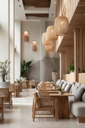 This image showcases a well-designed restaurant interior. The scene features light-colored wooden furniture, woven light fixtures, and a neutral color palette. Natural light streams in, highlighting the textures and creating a welcoming atmosphere. Suitable for use in editorial content or commercial projects.の素材