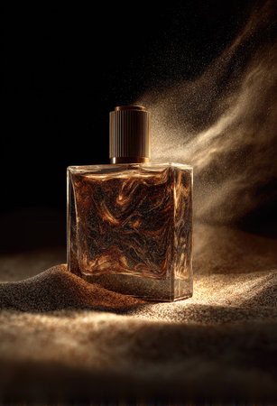 A perfume bottle stands on a textured surface, possibly sand, surrounded by wisps of particulate matter. The bottle showcases a unique swirling pattern within, illuminated by a warm light source. The composition has a dark background and a diffused lighting, potentially suitable for promotional or editorial purposes.の素材
