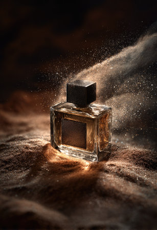 A close-up photograph displays a perfume bottle resting on a bed of sand. The bottle has a square shape and a dark cap. Fine particles of sand are suspended in the air. The image exhibits a warm color palette with soft lighting, suitable for various promotional purposes.の素材