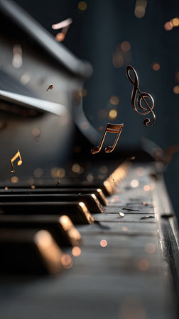An artistic composition features a piano with its keys in focus, accompanied by floating musical notes and symbols. The scene is bathed in soft lighting, highlighting the textures and details. This image could be used for various projects related to music, design, or artistic expression. It evokes a sense of elegance and creativity.の素材