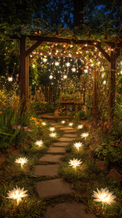 A nighttime garden scene features a wooden arbor adorned with radiant string lights. The path is illuminated by similar lights shaped like flowers. The composition showcases an inviting atmosphere, using warm colors and soft lighting, suggesting a peaceful outdoor environment, suitable for various editorial and commercial applications.の素材