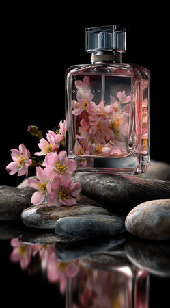 A perfume bottle featuring a floral arrangement rests on smooth, dark stones against a deep black backdrop. The glass bottle is clear, showcasing delicate pink flowers inside. The composition employs soft lighting and a reflective surface, offering potential for beauty and cosmetic advertising, and various commercial applications.の素材