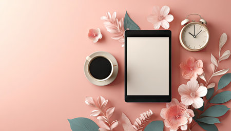 A close-up shot showcases a tablet, coffee cup, and analog clock nestled among delicate paper flowers and leaves. The composition features soft lighting with a pastel pink background. This image is well-suited for diverse commercial purposes, including website design, advertising, and marketing materials.の素材