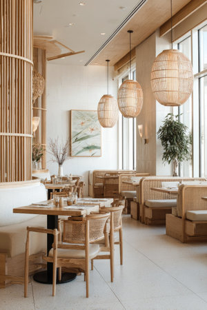 This image showcases a well-lit restaurant interior with natural wood elements. The composition includes tables, chairs, and decorative lighting. The color palette features neutral tones, with potential use in hospitality, architectural, or design projects. The scene is bathed in soft, natural light, creating a welcoming ambiance.の素材