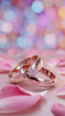 Two gold wedding rings rest among scattered pink flower petals. The rings feature a central diamond and reflect soft light. A blurred background of pastel colors adds a romantic ambiance. This image is suitable for various commercial uses, including advertisements and editorial content.の素材
