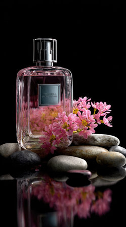 A perfume bottle is presented with a decorative arrangement of pink flowers. The composition features a stack of smooth stones, reflecting the bottle and flowers on a dark surface. The image uses a shallow depth of field, with soft lighting and highlights. Suitable for advertising, beauty campaigns, or lifestyle content.の素材