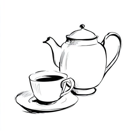 A refined black and white illustration presents a teapot and teacup. The objects showcase a simple line art style. The composition features clean lines and a minimalist aesthetic. This artwork is suitable for various commercial uses, including print and digital media. The design appears against a plain white background.の素材