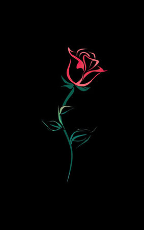 A stylized illustration presents a singular rose, rendered with minimalist lines and soft coloring. The artwork features a deep red bloom, contrasted by green stem and leaves against a solid black backdrop. This aesthetic could serve as a visual asset for various applications, including print and digital projects.の素材