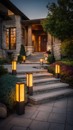 An upscale residential exterior showcases architectural details with a stone facade. The scene depicts a well-manicured landscape with pathway lights illuminating the steps leading to the entrance. The warm lighting creates a welcoming ambiance during twilight hours, suitable for architectural, real estate, or lifestyle editorial use.の素材