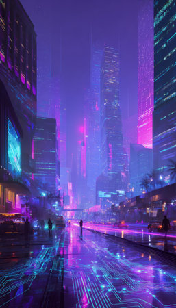 An illustration depicts a futuristic city scene at twilight. The composition features towering buildings bathed in vibrant neon hues, creating a visually striking display. Reflections on the wet ground enhance the depth of the image. The image has a digital art style that would be suitable for various commercial purposes.の素材