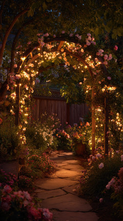 A picturesque garden scene features an archway adorned with climbing roses and warm-toned lights. The pathway leads through the opening, flanked by floral arrangements. The image showcases a natural outdoor setting, with a focus on romantic ambiance, ideal for use in editorial content or designs.の素材