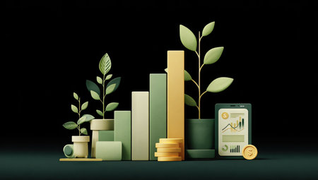 An illustration depicts financial growth through bar charts and potted plants. The image uses a minimalist style with pastel colors and soft textures against a dark backdrop. The composition suggests business and economic progress with potential applications in presentations and marketing materials.の素材