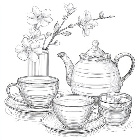 This black and white illustration depicts a teapot, teacups, and a vase with flowers. The composition showcases a detailed drawing style. The artwork features lines and shading, suggesting a sense of depth and form. Suitable for various design projects, it can be used for editorial purposes or visual elements.の素材