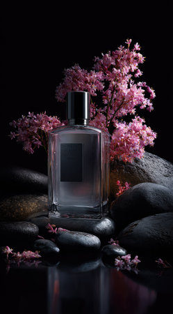 A perfume bottle stands among dark stones, complemented by delicate cherry blossoms. The composition features a sleek, rectangular bottle with a dark label against a deep black backdrop. The scene uses soft lighting, enhancing the texture of the stone and the blossoms, suitable for beauty and lifestyle themes.の素材