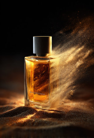 A perfume bottle stands prominently, its transparent form revealing a golden liquid. A dark cap contrasts the clear glass. Fine particles of dust create a blurred effect on one side, illuminated by a warm light. The image features a studio setting, suitable for promotional material or artistic applications.の素材