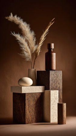 This still life arrangement showcases dried plants and various geometric wooden blocks. The scene is bathed in warm brown tones, creating a cozy atmosphere. The composition features contrasting textures, from the smooth surfaces to the feathered plant details. It may be suitable for advertising, decorative, or artistic purposes.の素材