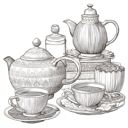 This black and white illustration depicts teaware, including teapots, cups, and saucers. Detailed linework creates texture on the objects, enhancing the traditional style. The composition suggests an indoor setting, possibly for a tea party. Suitable for commercial projects or editorial content related to beverages or food.の素材