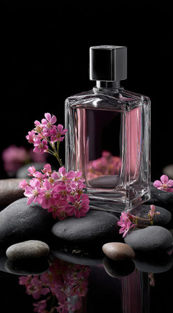 A perfume bottle is centered on dark reflective stones. Pink flowers accent the arrangement. The glass bottle reveals a pink liquid against a solid black backdrop. The lighting highlights the textures. Suitable for beauty, fragrance, or luxury product promotion.の素材