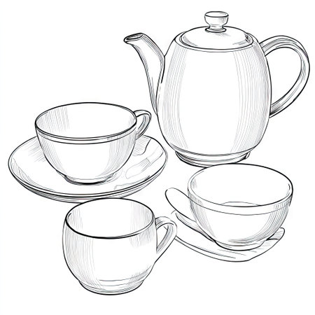 This vector illustration features a classic teapot and two teacups with saucers. Drawn in a detailed line art style, the composition is predominantly white with delicate shading. The design suggests a domestic setting and is suitable for various applications, including print and digital content. Ideal for design needs.の素材