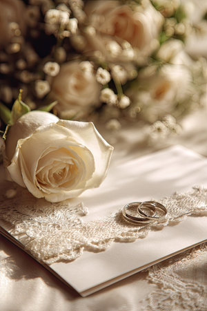 A close-up captures a pristine white rose alongside wedding rings resting on a delicate card. The scene employs soft, warm lighting. The image's fine details, colors, and composition create a visually appealing arrangement, suitable for various editorial and commercial applications.の素材
