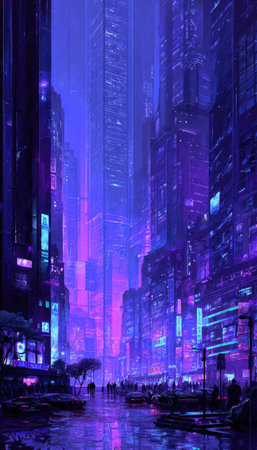 A vibrant cityscape dominates the scene, characterized by towering structures and glowing neon lights. The composition highlights a convergence of linear and vertical elements with a reflective surface in the foreground. The color palette primarily features shades of blue and purple. This image can be used for various projects.の素材