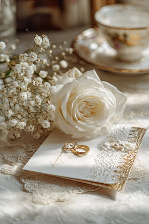 A close-up captures a white rose, wedding rings, and an ornate card, bathed in soft, natural light. The composition highlights textures and details, with delicate lace and subtle shadows. This serene image suggests themes of love, celebration, and romance, and is suitable for various editorial and commercial applications.の素材