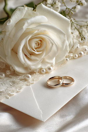 An overhead shot showcases a pristine white rose delicately placed near wedding rings on a white envelope. The composition features soft lighting, highlighting textures. Beads and lace embellishments add detail. Suitable for conceptual projects related to events and celebrations, as well as editorial purposes.の素材