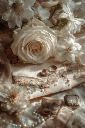 An intimate composition displays wedding rings nestled amidst delicate white blossoms and textured fabrics. The soft lighting illuminates the scene, highlighting the subtle details of the lace and pearls. This elegant image lends itself well to romantic or celebratory themes for a variety of editorial or commercial projects.の素材