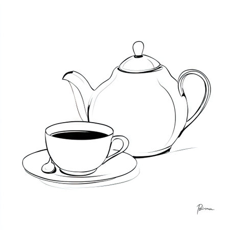A refined black and white illustration showcases a teapot beside a teacup on a saucer. The composition uses clean lines and a minimalist style. The lighting is bright and even, highlighting the objects' forms. Suitable for various design projects and could be used for editorial and commercial applications.の素材
