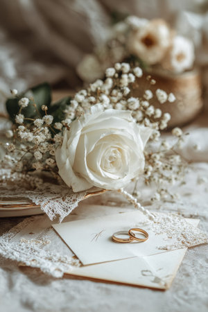 This image features a delicate white rose accompanied by small white flowers, situated atop a detailed lace background. Two golden rings rest on a white card, suggesting a wedding theme. The soft lighting and muted color palette enhance the vintage feel, suitable for various editorial and commercial applications.の素材