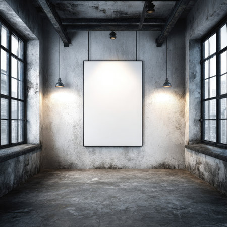 An empty interior space features a blank poster framed on the wall. The scene is illuminated by hanging lights and natural light from the windows. The walls exhibit a textured, concrete appearance and the composition is symmetrical. This image is suited for various commercial applications, including marketing and design projects.の素材