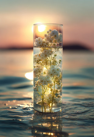 A glass vase filled with delicate white flowers stands in water, reflecting a soft sunset. The composition features blurred water and a glowing sun, creating a peaceful atmosphere. This image could be used for various projects needing a touch of natural beauty and tranquility.の素材