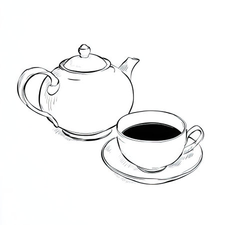 This black and white illustration depicts a teapot and a cup of tea. The image is a line drawing, showcasing detailed shading and a clean composition. The lighting appears soft, creating a sense of simplicity. Suitable for designs that may include print media or digital marketing.の素材