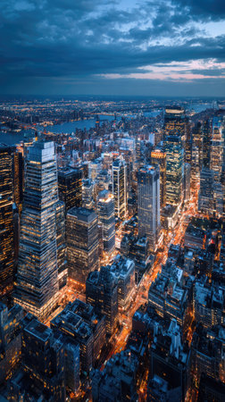 An aerial view presents a sprawling cityscape at dusk, featuring numerous high-rise buildings. The composition showcases a mix of illuminated structures reflecting light against a backdrop of darkening skies. Possible commercial applications range from editorial features to promotional material.の素材