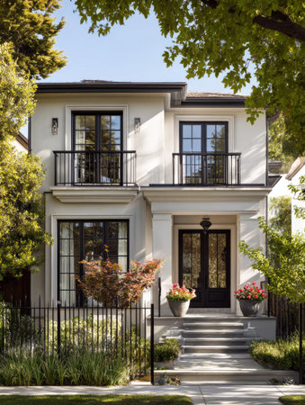 This photograph depicts the exterior of a two-story residence, showcasing a symmetrical facade with dark framed windows and balconies. The image highlights a clean aesthetic, with light-colored walls contrasted by black details. The composition may be suitable for architectural, real estate, or lifestyle editorial purposes, conveying a sense of luxury and comfort.の素材
