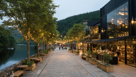 A waterfront walkway is depicted at dusk with trees strung with lights. The scene includes a paved path, wooden benches, and modern buildings. Colors include green, brown, and tones of blue. This image may be suitable for architectural, travel, or lifestyle projects.の素材