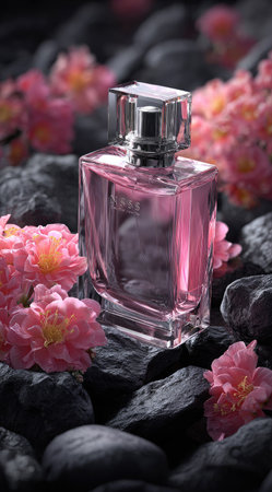A perfume bottle filled with pink liquid is showcased among gray rocks and vibrant pink blossoms. The composition features a shallow depth of field, highlighting the bottle's design and the floral accents. The scene evokes a sense of natural beauty and could be used for advertising or beauty product promotions.の素材