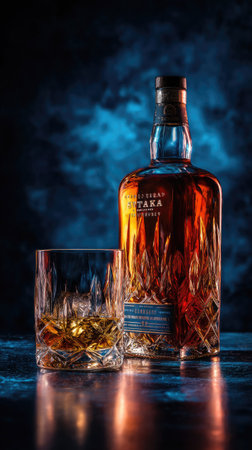 A tall whiskey bottle and a matching glass are featured, presented against a dark, contrasting backdrop. The amber liquid within is accentuated by dramatic lighting, casting highlights and shadows. The image showcases textures, likely suitable for advertising or design projects. The composition and lighting create a refined atmosphere, potentially for commercial use.の素材