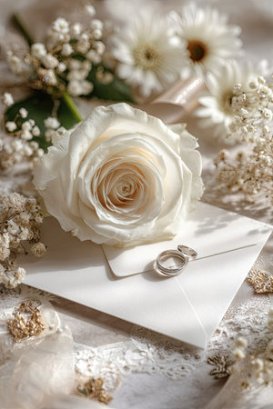 A close-up captures a pristine white rose, central to an arrangement that includes a delicate envelope and wedding rings. The image displays soft lighting, emphasizing the textures of the petals and surrounding blossoms. Suitable for romantic themes, celebrations, and concepts of love, the composition has potential for various commercial applications.の素材