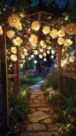 An inviting archway is adorned with large, illuminated flower decorations, creating a magical ambiance. The composition features a stone pathway leading through a lush garden setting. Warm lighting emphasizes the texture of wood and stone. This image is suitable for artistic, decorative, or inspirational projects.の素材