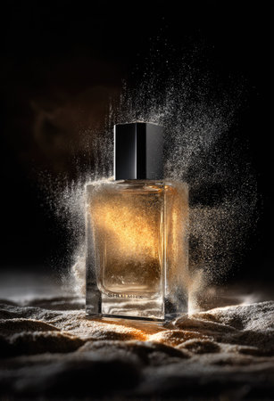 A perfume bottle stands centered, surrounded by a cloud of fine particles. The composition features a dark background with focused lighting illuminating the glass container. The style presents a sophisticated and luxurious aesthetic, suitable for advertising, beauty campaigns, or editorial design.の素材