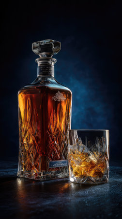 A cut glass decanter and a glass of whiskey sit prominently, displaying amber liquid and ice. The still life composition uses a dark blue backdrop that creates high contrast with the warm tones of the beverage. This image suggests a luxurious and sophisticated atmosphere, suitable for various editorial and advertising applications.の素材
