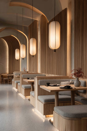 This image showcases a modern restaurant interior with a focus on design and aesthetics. The scene features wooden booths and tables, illuminated by hanging lanterns. The overall color palette is warm and inviting, suggesting a comfortable and stylish dining environment. Suitable for use in lifestyle magazines, design blogs, or advertising materials.の素材